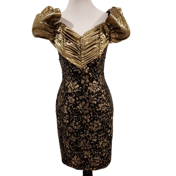 Vintage Dress Gold Puff Sleeves +  Sequins - curated by Rory Castillo - Picture 2 of 13